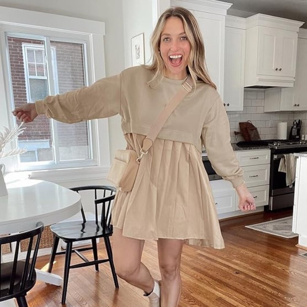 Dokuritu Women's Khaki Patchwork Crew Neck Long Sleeve Sweatshirt Mini Dress XS